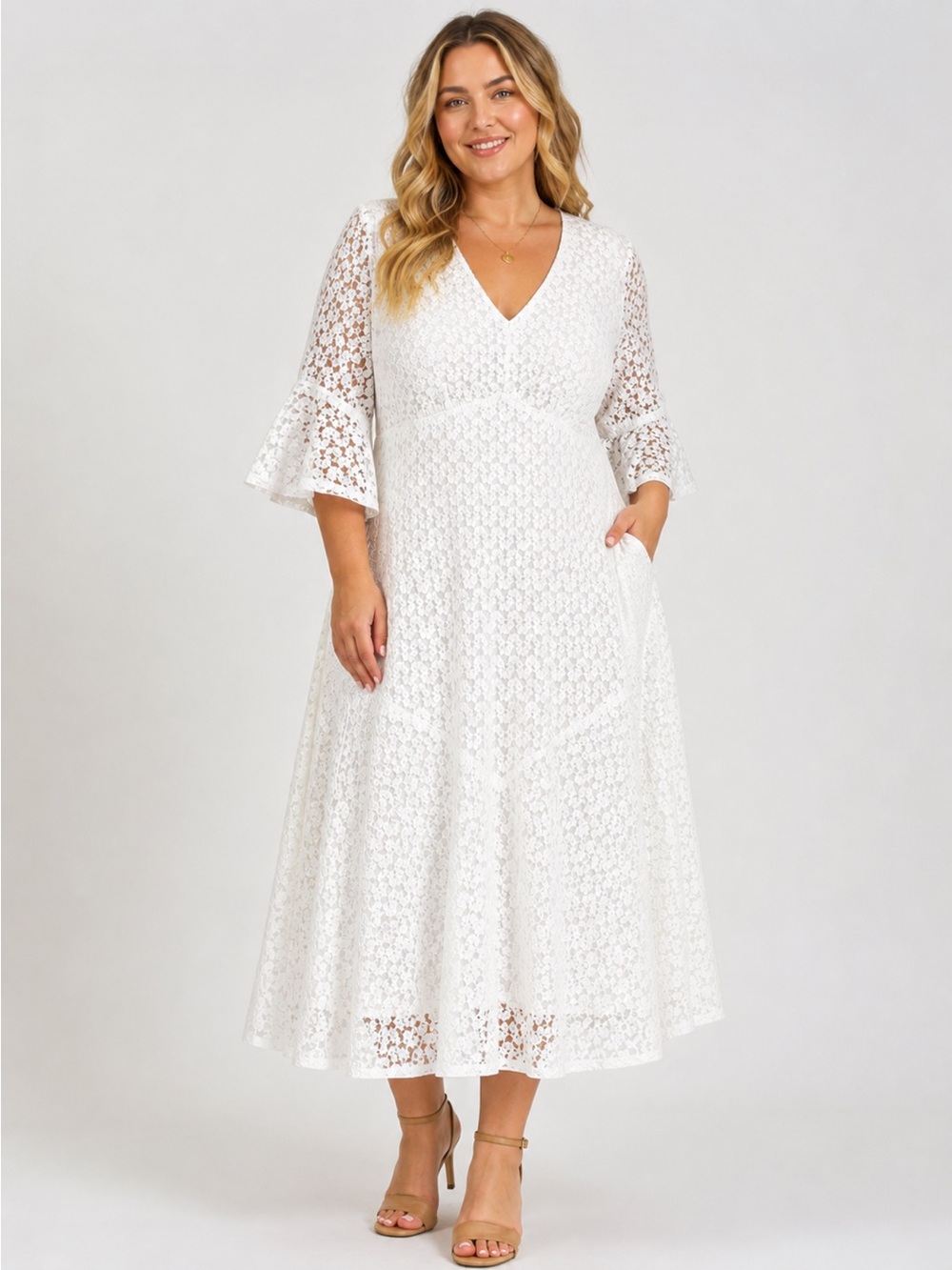 NWT Rabbit Rabbit Designs White Lace Midi Dress Size 14 Bell Sleeve V-Neck